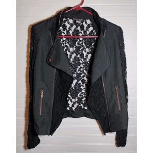 Red Snap Black Lace Evening Jacket Top‎ Women's Md Open Front Decorative Zipper